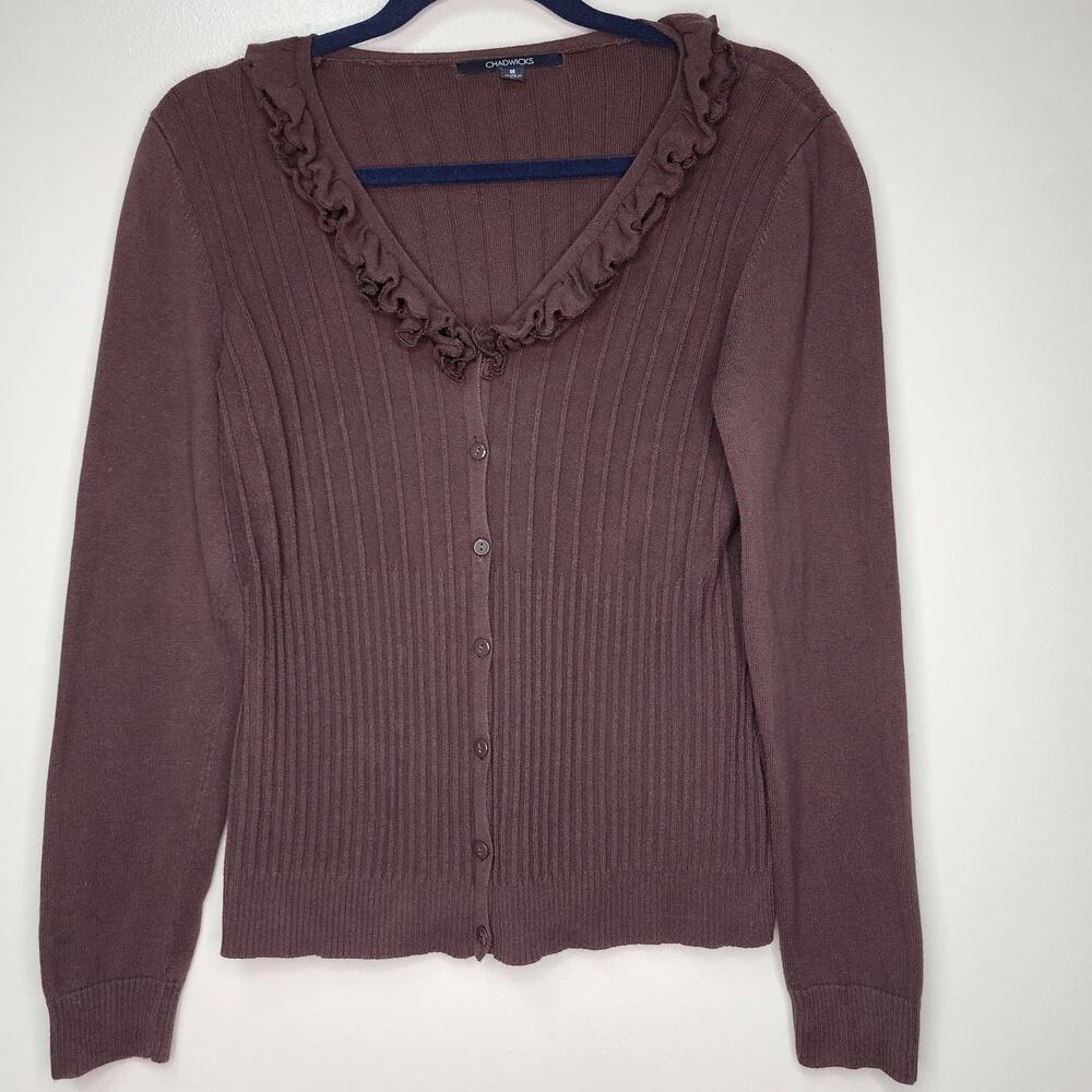 Chadwicks 100% cotton ruffled neck ribbed cardigan size M